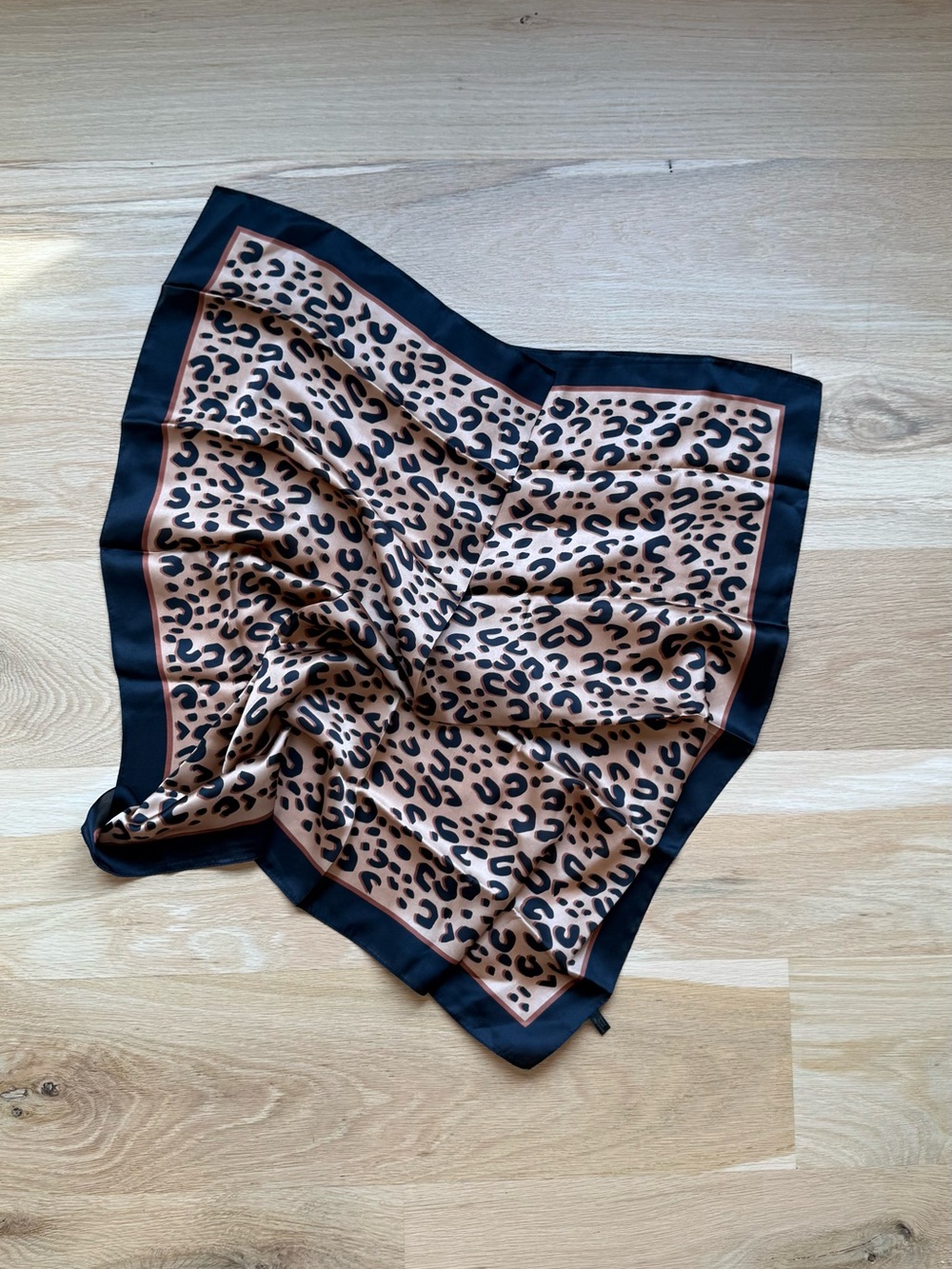 Silk Leopard Print Square Scarf - Black and Brown